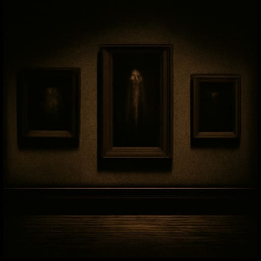 A dim stairwell landing photographed at night